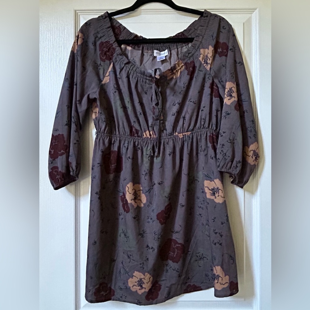 Motherhood Maternity Gray-Purple Burgundy Yellow Floral Top 3/4 Sleeves Size S